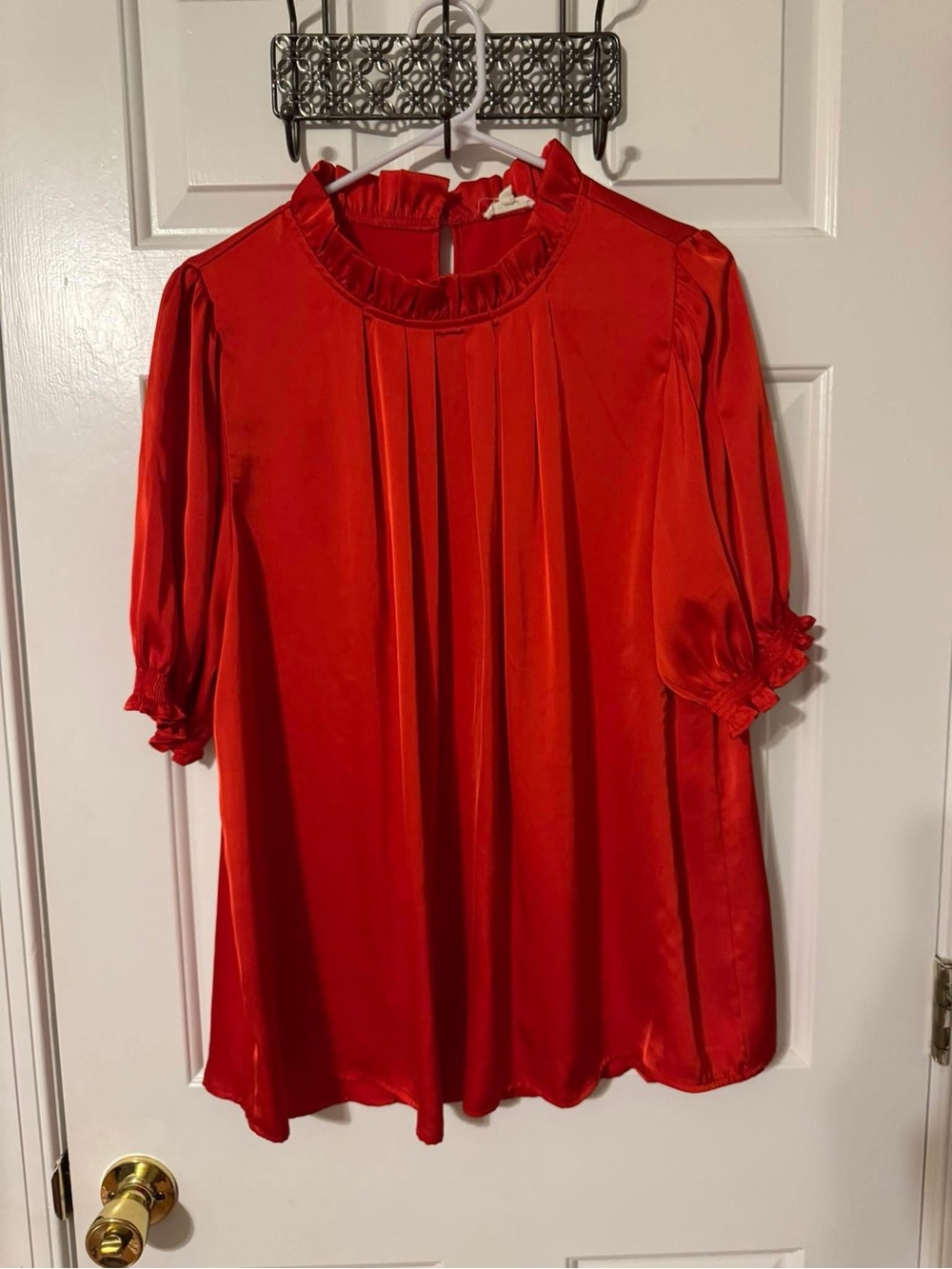 JODIFL Red Ruffle-Neck Pleated Blouse